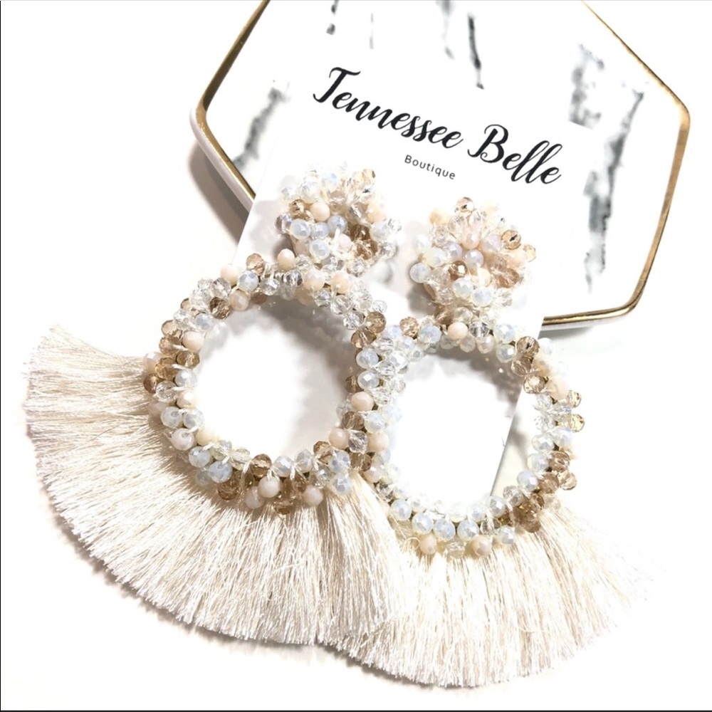 White Nude Clear Shimmer Beaded Fringe Earrings
